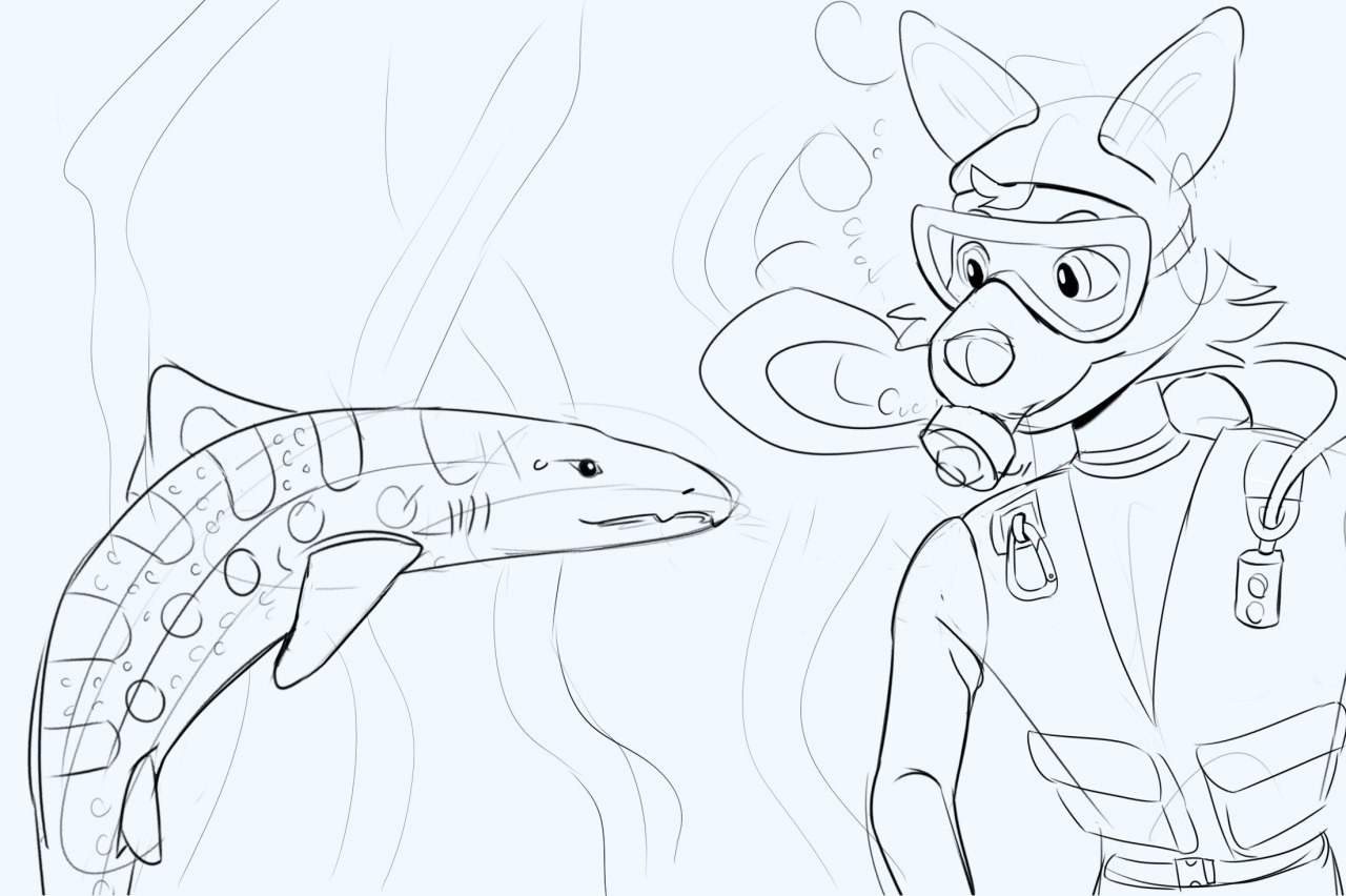 lineart of some dude diving with a leopard shark