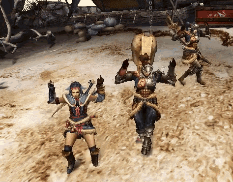 gif from monster hunter of people dancing